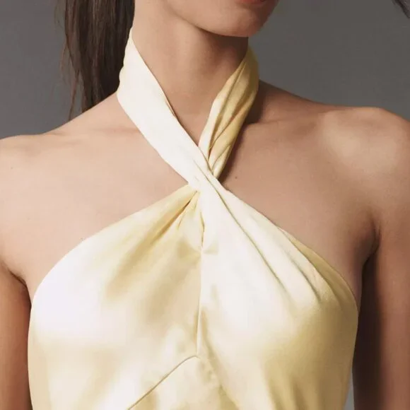 🌙 Anthropologie Halter Satin Maxi Dress – Noir Glam Luxe 🖤 - Picture 4 of 16